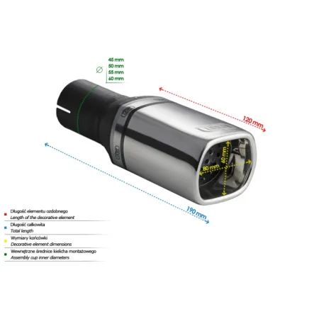 Uniwersalna końcówka tłumika prostokątna 80×65mm długość 120mm średnica montażowa 50mm