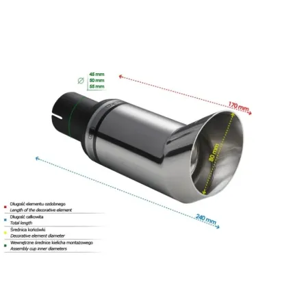 Uniwersalna końcówka tłumika okrągła 80mm długość 170mm średnica montażowa 50mm