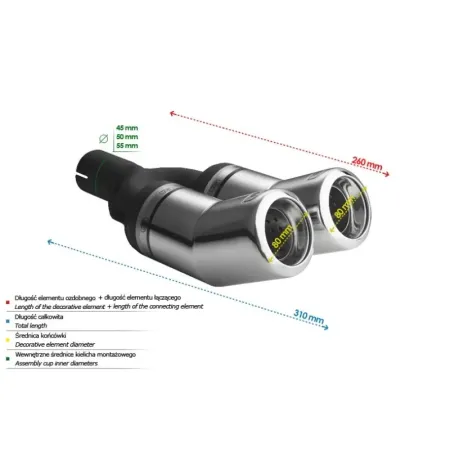 Uniwersalna końcówka tłumika okrągła 80mm długość 260mm średnica montażowa 55mm