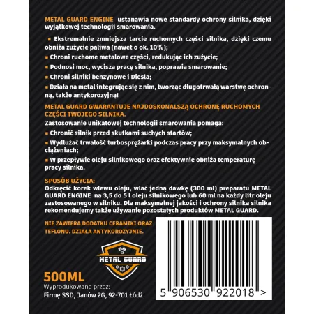 Dodatek Do Oleju Metal Guard Engine Zmniejsza Tarcie i Chroni Silnik 500ml