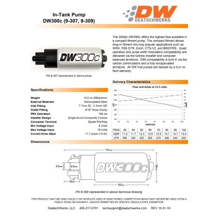 Pompa paliwa DeatschWerks DW300C 340 lph 2012-2021 Subaru WRX BRZ Toyota 86 Scion FR-S 2013-16