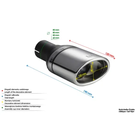 Uniwersalna końcówka tłumika owalna 120×80mm długość 120mm średnica montażowa 45mm