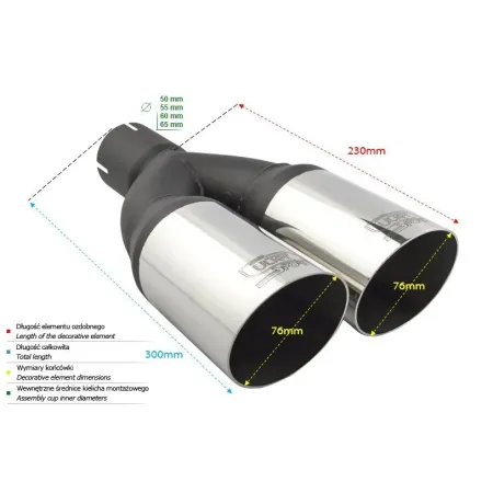 Uniwersalna końcówka tłumika okrągła 76mm długość 230mm średnica montażowa 55mm