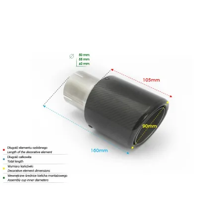 Uniwersalna końcówka tłumika okrągła 90mm długość 160mm średnica montażowa 55mm