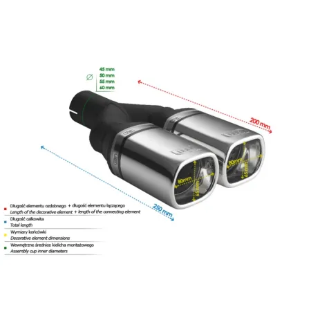 Uniwersalna końcówka tłumika prostokątna 80×65mm długość 200mm średnica montażowa 50mm