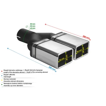 Uniwersalna końcówka tłumika prostokątna 82×54mm długość 200mm średnica montażowa 50mm