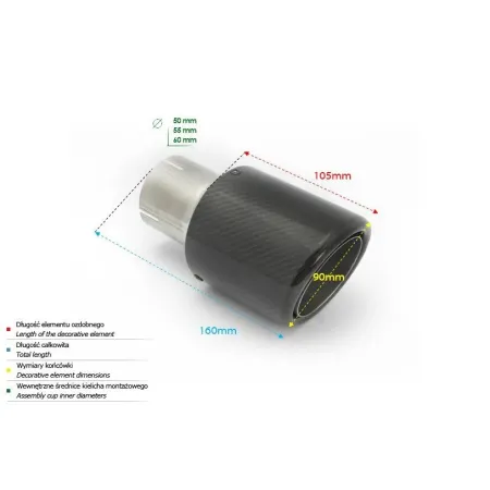 Uniwersalna końcówka tłumika okrągła 90mm długość 160mm średnica montażowa 60mm