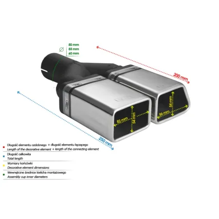 Uniwersalna końcówka tłumika specjalna 86×54mm długość 200mm średnica montażowa 50mm