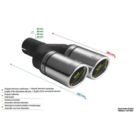 Uniwersalna końcówka tłumika okrągła 70mm długość 200mm średnica montażowa 60mm