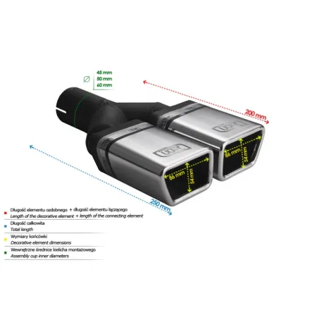 Uniwersalna końcówka tłumika specjalna 86×54mm długość 200mm średnica montażowa 45mm