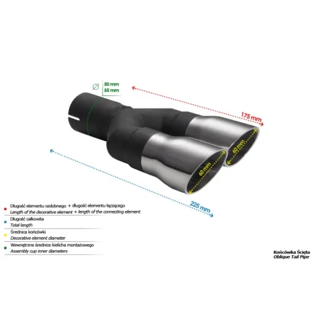 Uniwersalna końcówka tłumika okrągła 60mm długość 170mm średnica montażowa 50mm