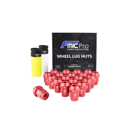 Kute nakrętki aluminiowe do kół FMIC.Pro M12x1.25 Czerwone 20szt. stożkowe przelotowe 7075-T6