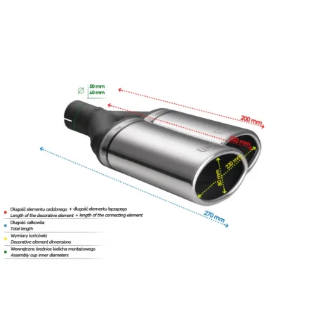 Uniwersalna końcówka tłumika owalna 220×80mm długość 220mm średnica montażowa 50mm