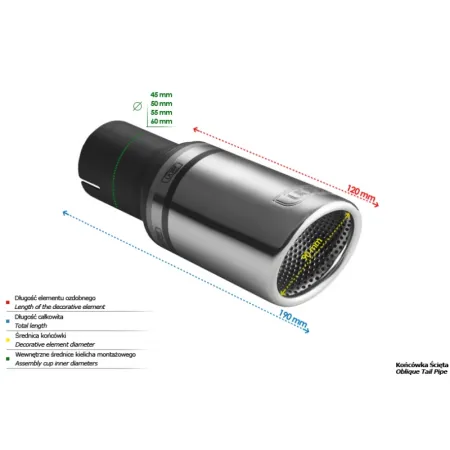 Uniwersalna końcówka tłumika okrągła 90mm długość 190mm średnica montażowa 50mm