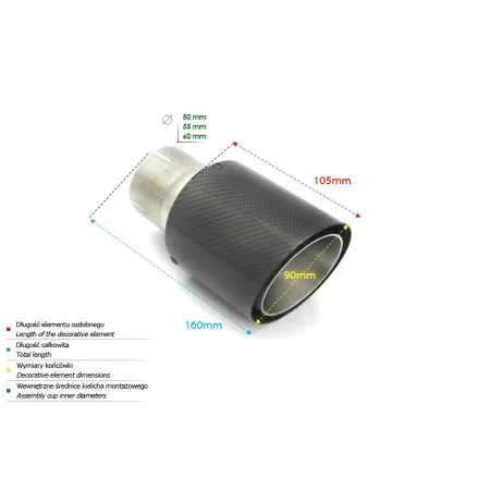Uniwersalna końcówka tłumika okrągła 90mm długość 105mm średnica montażowa 60mm